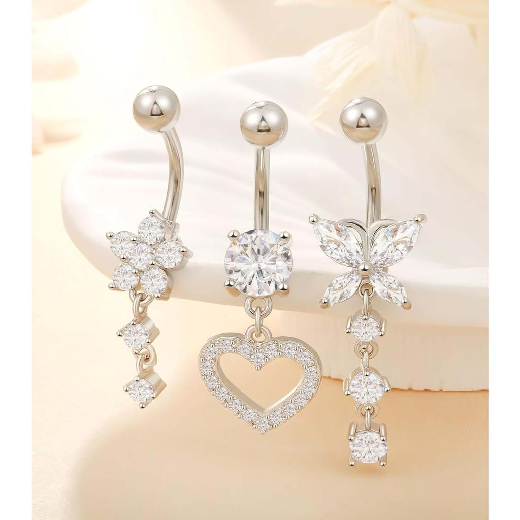 Surgical Stainless Steel Dangle Belly Button Rings for Women Belly Ring Dangling Piercing Jewelry with Heart Flower Butterfly Silver Gold Tone