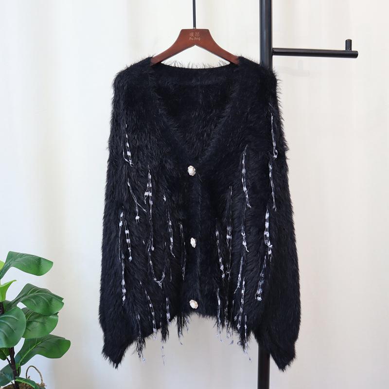 

Кардиган вязаный из искусственного норкового бархата с кисточками, новый осенне-зимний, мягкий, восковой, свободный, милый свитер-жакет для женщин one size fits all чёрный