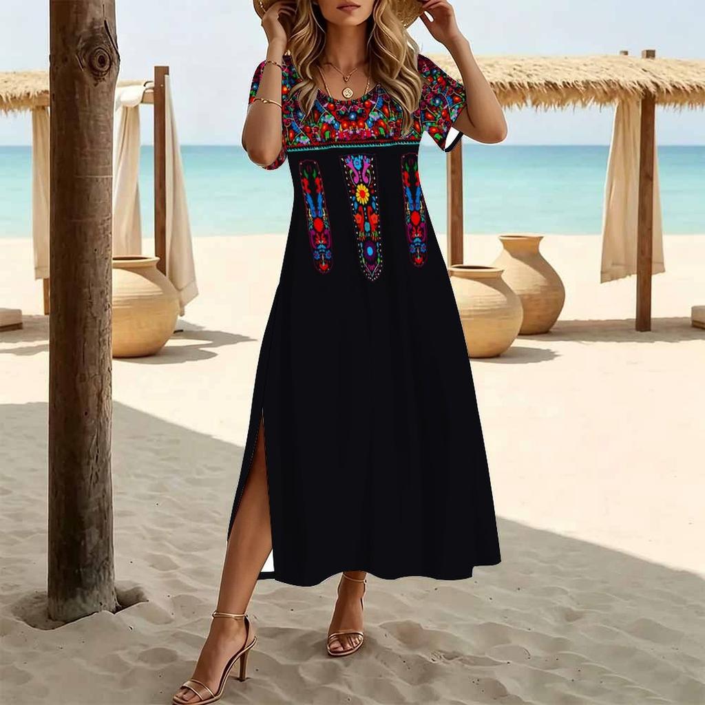 Women Fashion Round Neck Cashew Nut Clan Style Printed Short Sleeve Side Slit Dress Casual Vacation Dress Long Loose Dress