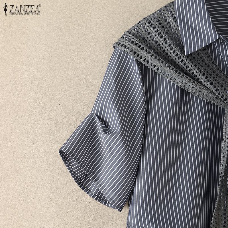 ZANZEA Blusa Casual de Mujer con Cuello Vuelto, Manga Corta Suelta a Rayas