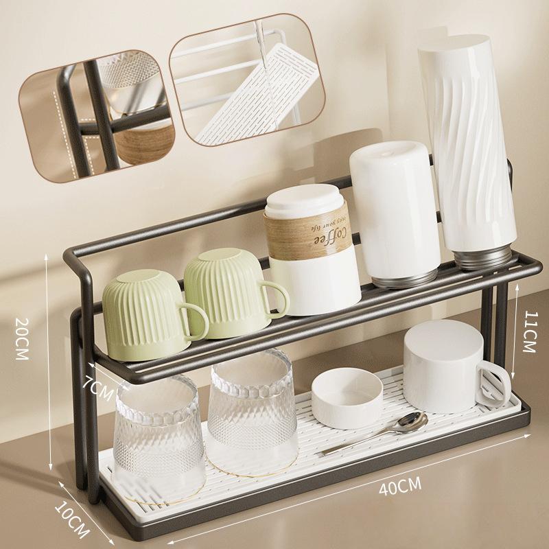 

Double Layered Kitchen Counter Cup Holder Carbon Steel Glass Bottle Tea Coffee Cup Storage Holder Drain Tray Water Cup Organizer