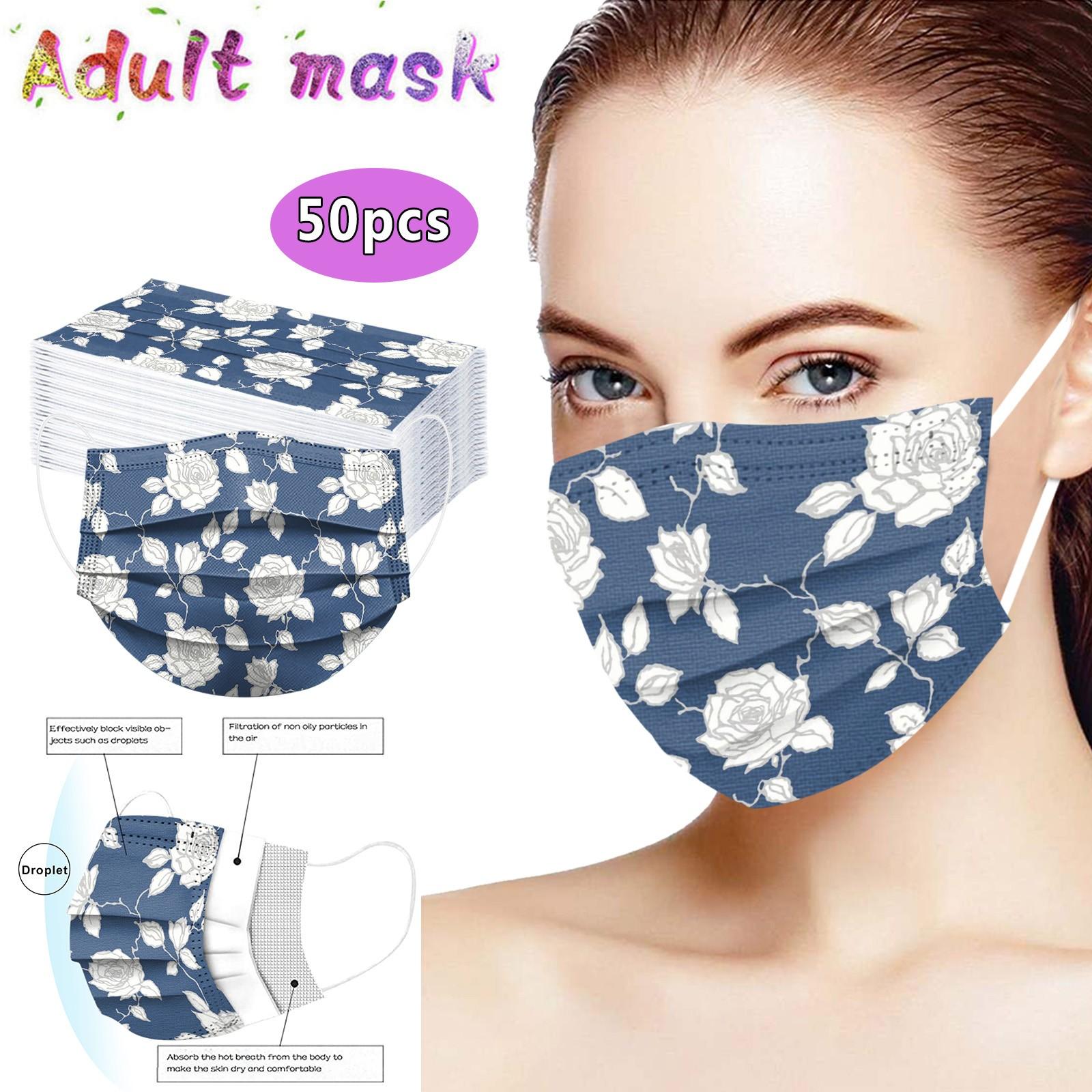 

50 шт. Модная одноразовая маска для лица для взрослых с принтом, 3-слойная, с ушными петлями, защита от PM2.5