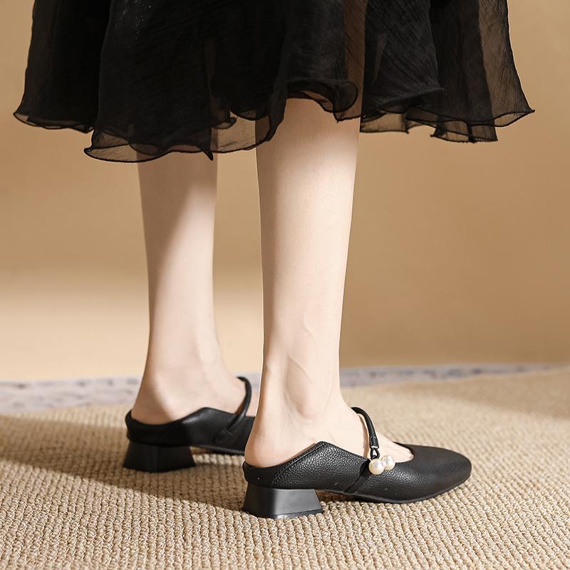 Square Head Thick Heel Mary Jane Shoes Women's New Soft Leather Retro Light Mouth Low Heel 3cm Single Shoes Women