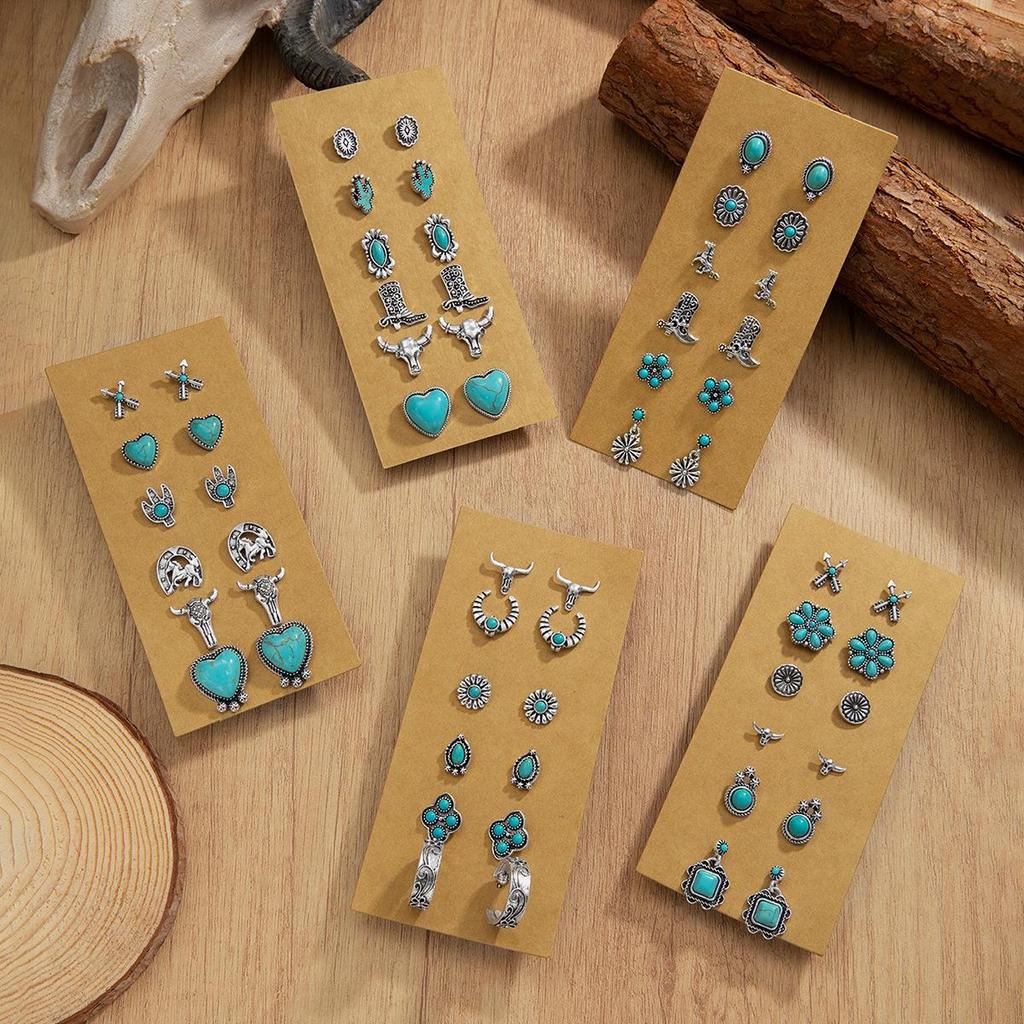 Retro Ethnic Turquoise Flower Cowboy Hat & Cactus Earrings Set – Ideal for Commuting