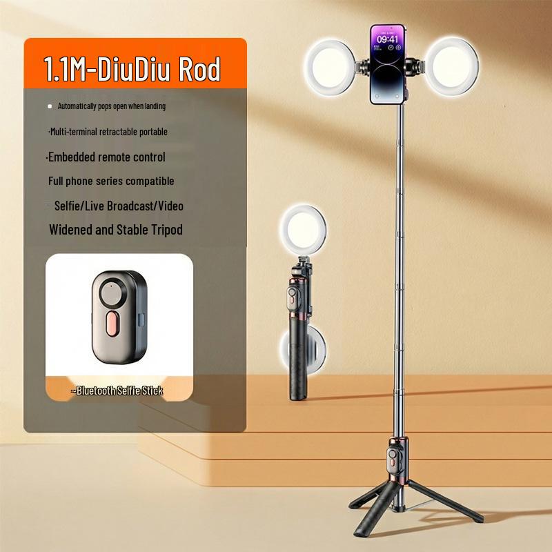 Portable Selfie Stick with Floor Tripod & Remote Control for Mobile Photography & Live Broadcast