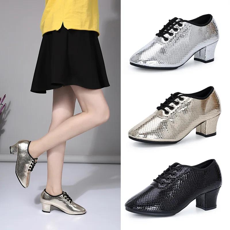 Latin Dance Women Snakeskin Leather Shoes Heels Soft Sole Modern Salsa Ballroom Dancing Shoe Woman Jazz Tango Shoes