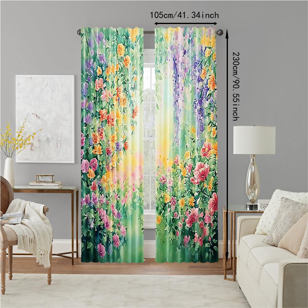 Set Of 2 Colorful Floral Plant Printed Window Curtain Living Room Bedroom Home Decor Design Privacy Protection Polyester Perfect For Area