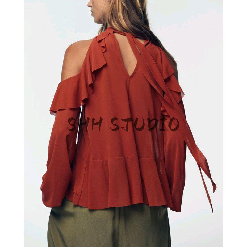 Autumn New Women's Clothing Bows Lace-up off-Shoulder Long Sleeves Laminated Decoration Hanging Collar Tops 5039210