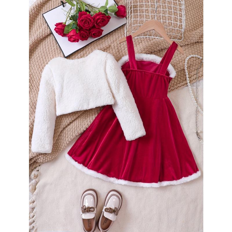 Girls' New Autumn and Winter Christmas Fashion Set Plush Jacket + Velvet Strap Skirt Two-piece, Perfect for Outdoor