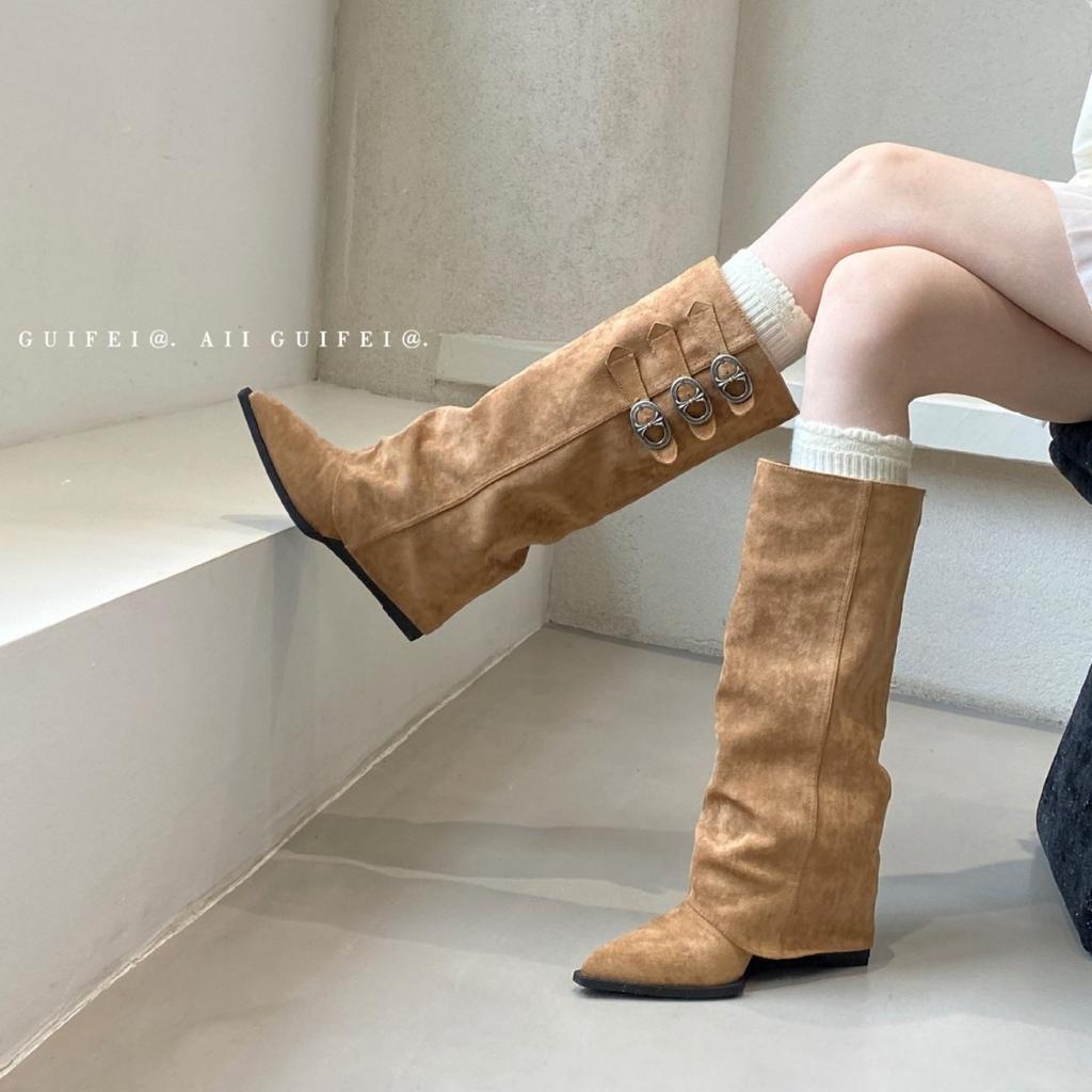 Autumn and winter new pointed toe wedge high boots retro pleated sleeve belt buckle trouser tube boots black apricot