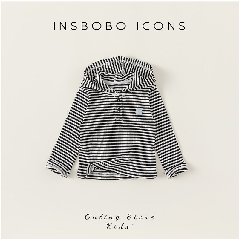 Insbobo Boys  Spring T-Shirt 2026 Spring New Baby Striped Long-Sleeved Girls  Hooded T-Shirt Pullover Black 100