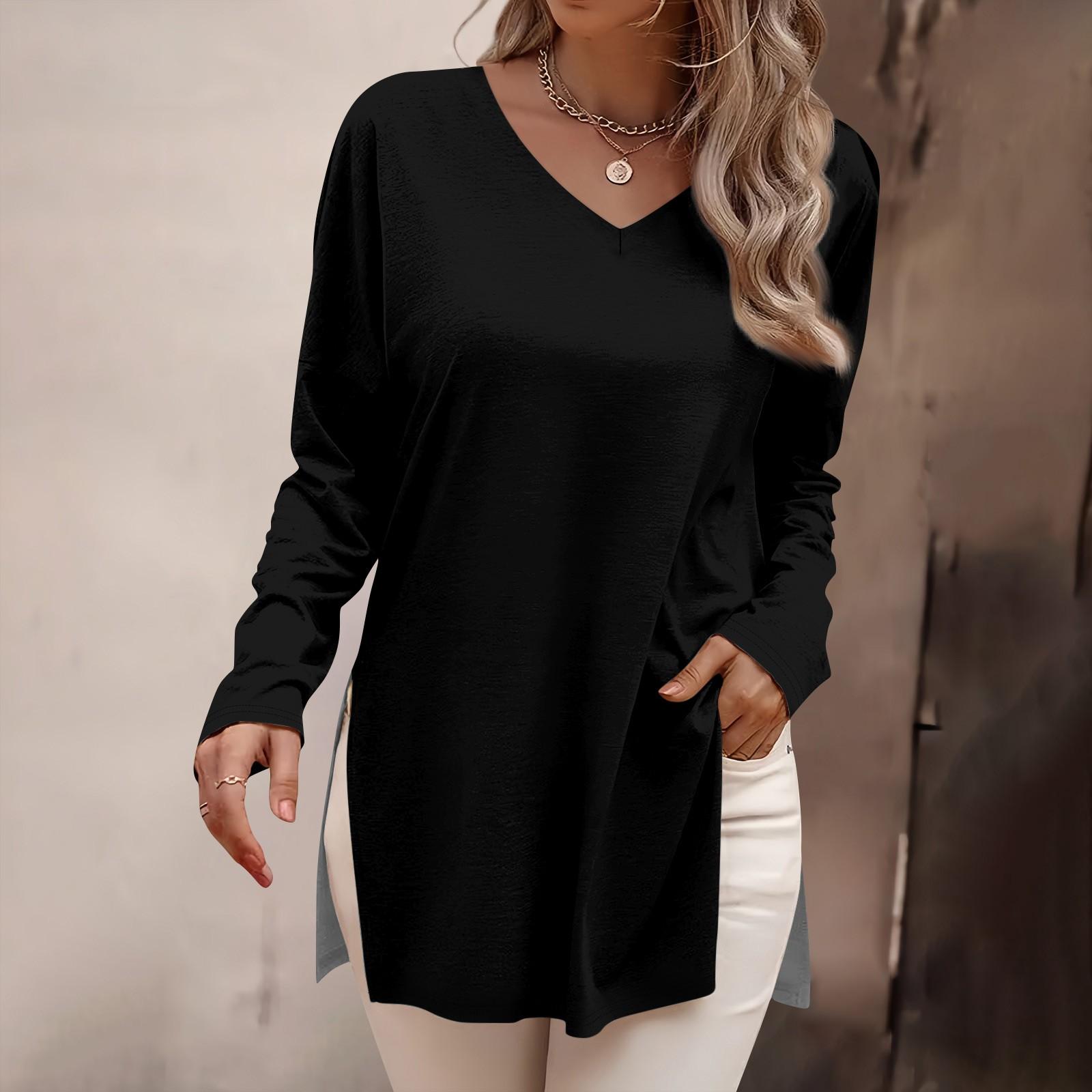 

Женская мода рубашки с длинным рукавом свободные облегающие V-образные вырезы базовые топы повседневные наряды XXXL чёрный