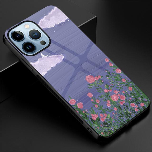 Painted Floral Landscape Case For Iphone 14 13 11 12 Pro Max Mini Xs Xr X 7 8 6s Plus Se 2022 Luxury Tempered Glass Cover Coque