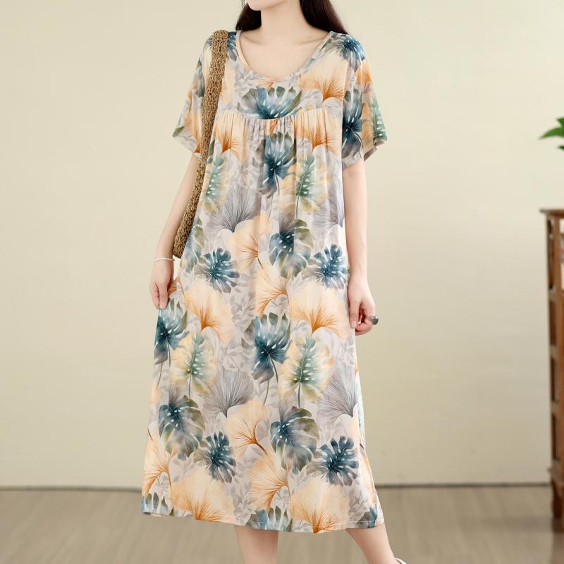 DIMANAF New 2026 Summer Beach Long Dress Women Plus Size Vintage Lady Floral Print Loose Oversize Cotton