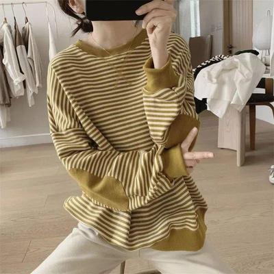 Women's Spring and Fall Loose Round Neck Sweatshirt Plus Size Head Set Striped Age Reduction Jacket