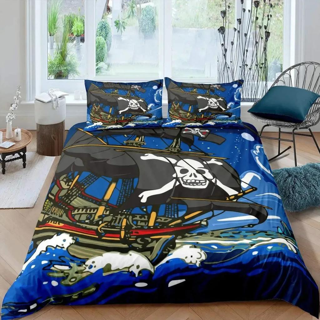 Funny Pirate Cat Duvet Cover Set Cat Riding Whale Japanese-Style Sea Wave Bedding Sets Stripe Lines Comforter Cover Full Queen