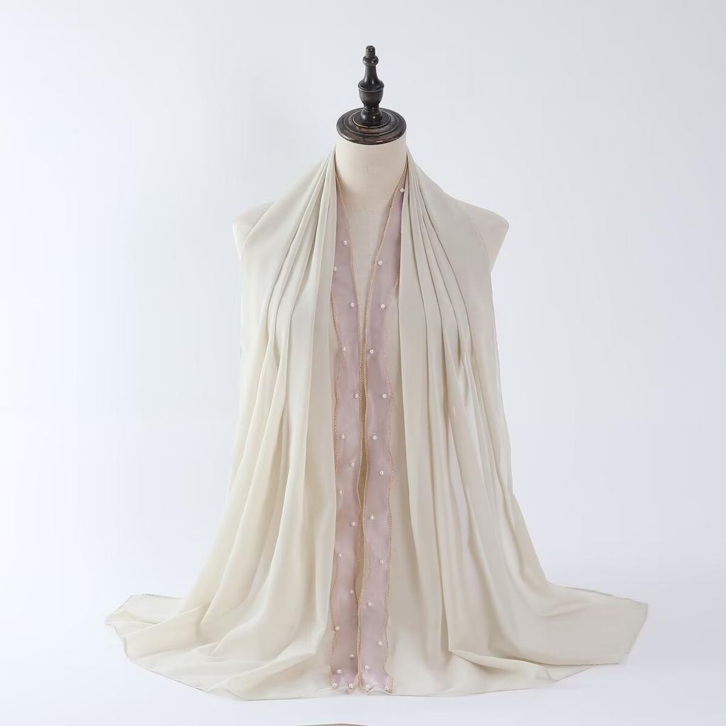 Luxury Pearl Chiffon Scarf Soft Solid Long Scarves Thin Hijab Muslim Women'S Headscarf Ethnic Turban Shawl 70*175Cm