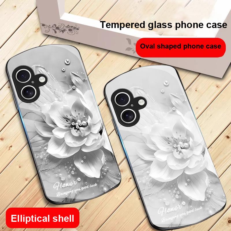 Blooming Blue Flowers For iPhone 17 16 15 14 13 Plus 12 Mini 11 Pro Max XR Xs Max X 7 8 6S 22 20 Elliptical Glass Phone Case