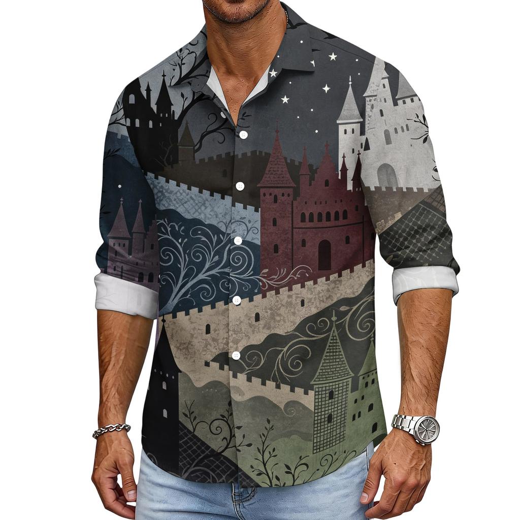 Men's Loose Fit Long Sleeve Shirt with Classic Collar Halloween Print Vintage Casual Button Down Shirt for Spring Autumn Daily Wear