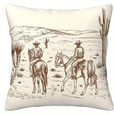 Cowboy & Horse Western Desert Print Pillow Cover, Multi-Scene Use, Pillowcase for Sofa, Bedroom & Car 45x45cm