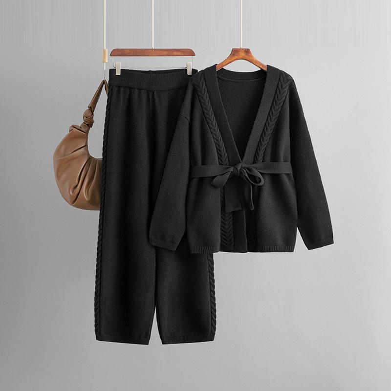 

Loose casual fashion sweater set women s new knitted cardigan jacket wide-leg pants two-piece set One Size чёрный