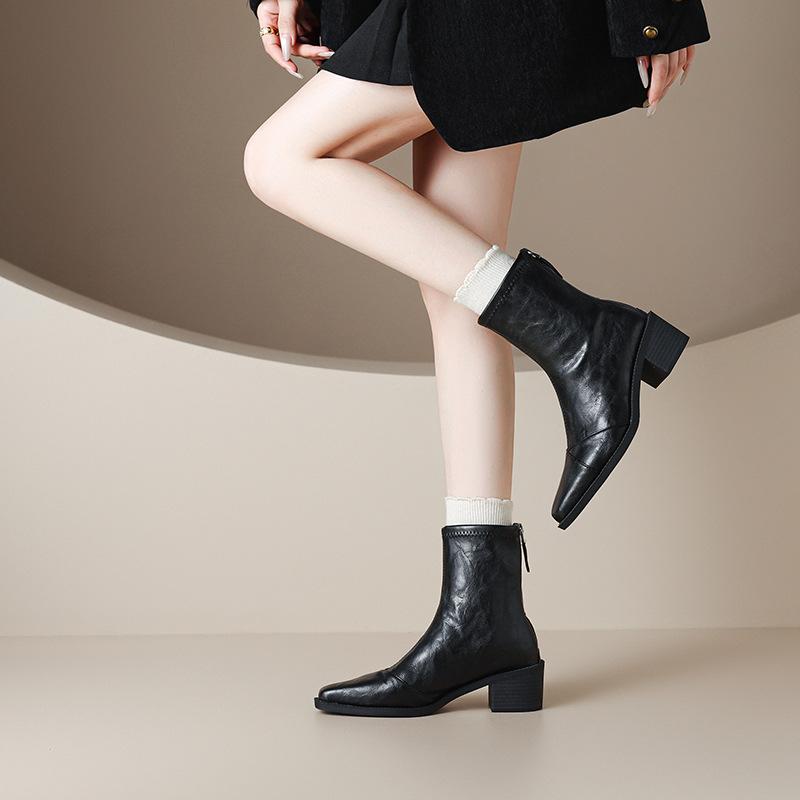 Square Heel Middle Heel Back Zipper Temperament Black Short Boots Women's French Versatile Commuter Naked Boots British Martin Boots