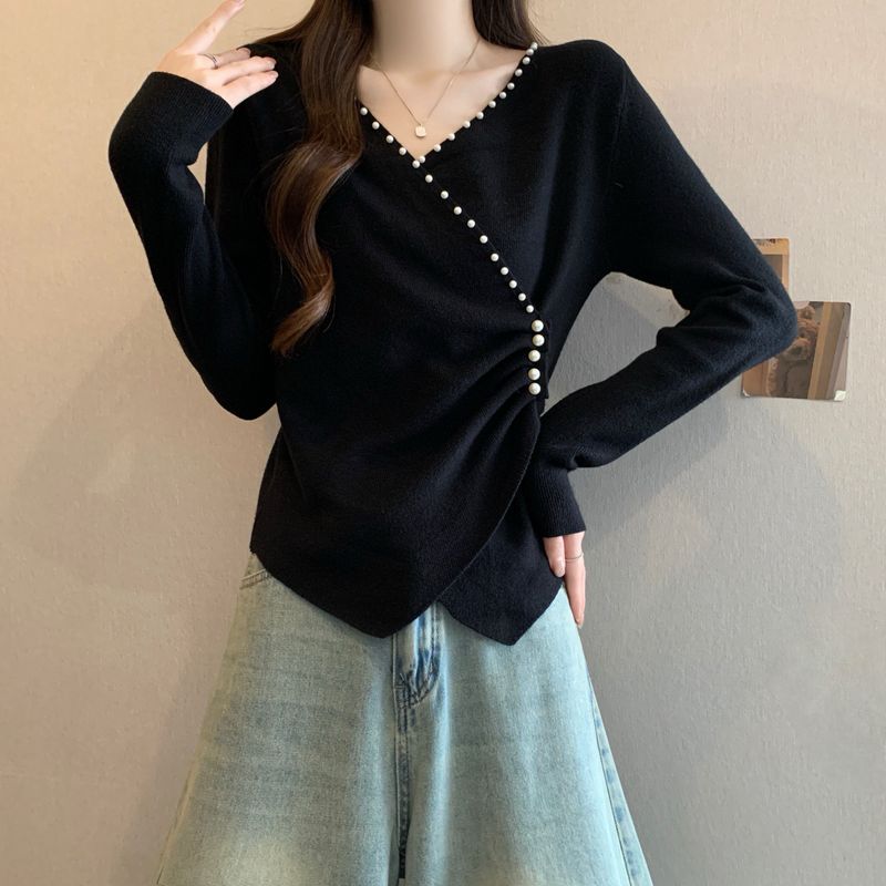 Plus-Size French-Style V-Neck Long-Sleeve T-Shirt for Women, Spring and Autumn, Slim-Fit, Waist-Cinching Knit Top for Curvy Figures