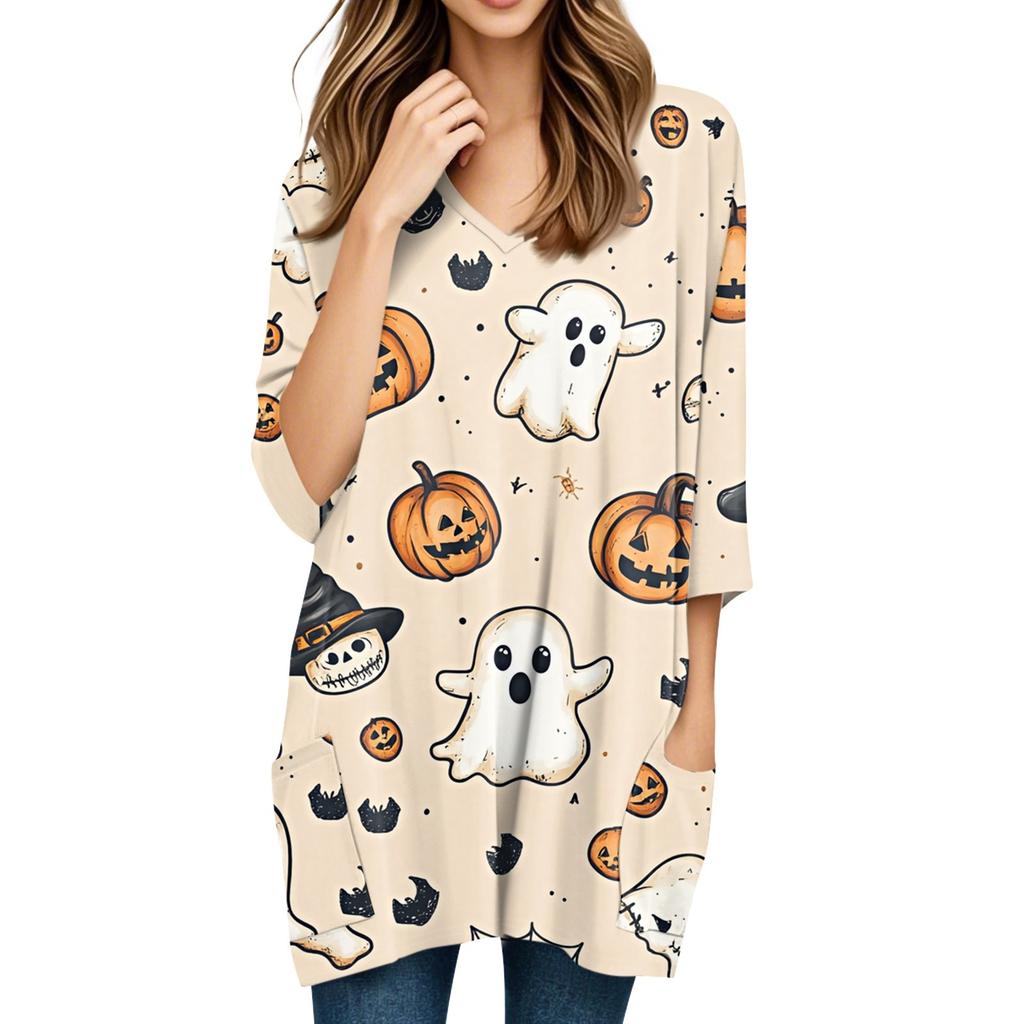 Womens Tops V-neck 3/4 Sleeve Blouses Casual Mid-length Shirts Fashion Halloween Print Tunic Tops With Pockets