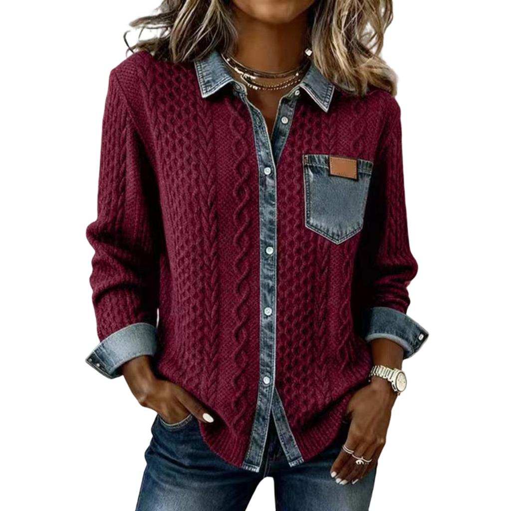 Damen Strick Patchwork Denim Mode Langärmelige Strickjacke Jacke