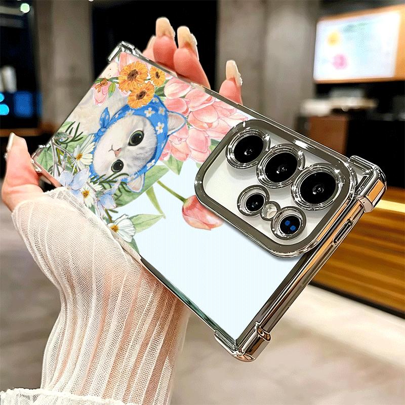Cute Floral Headscarf Kitten Plating Phone Case For Samsung Galaxy S24 S25 FE S26 Edge S23 Ultra S22 S21 Plus S20 Anti-Fall Aira