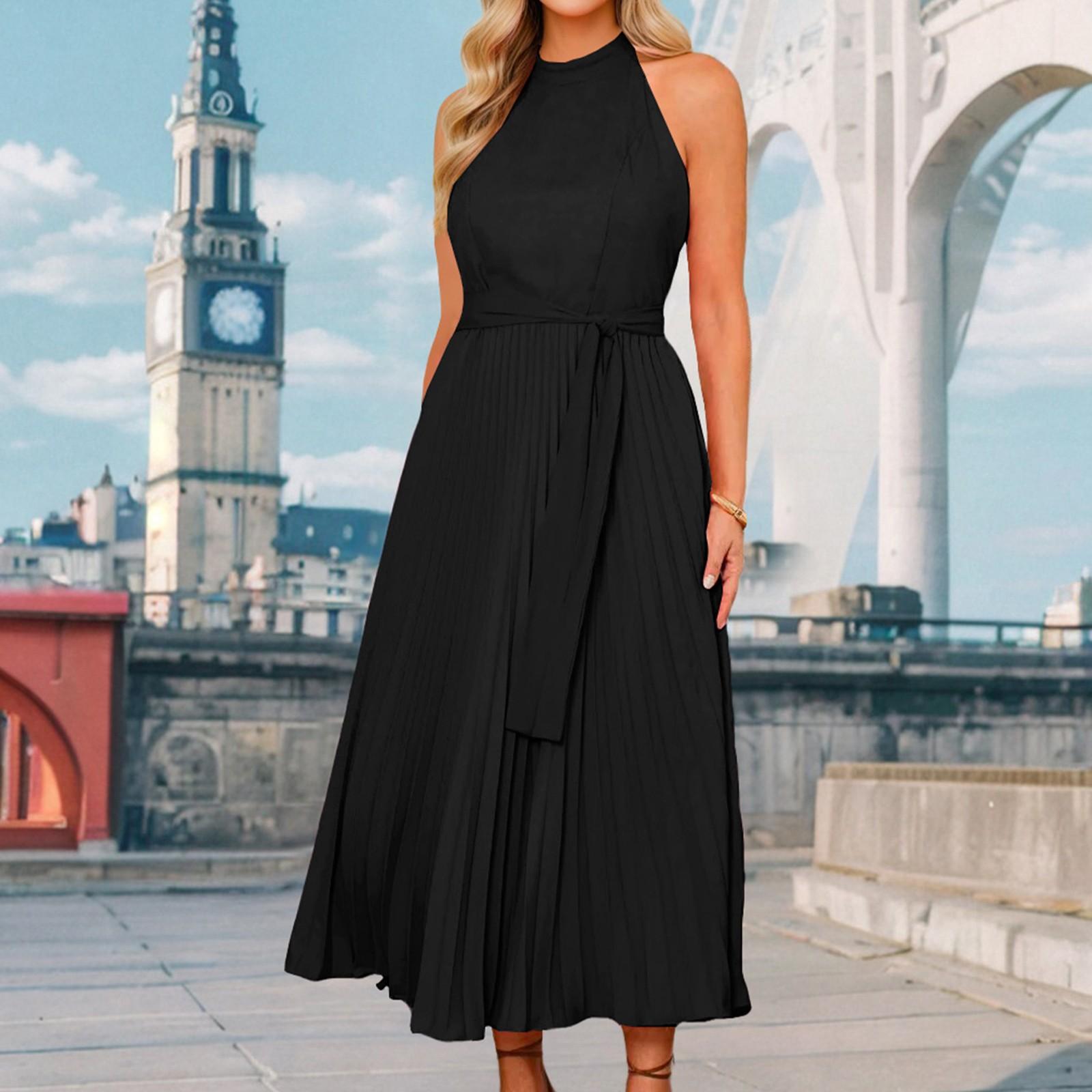 

Женское модное однотонное сексуальное платье без рукавов с воротником-стойкой, плиссированное вечернее платье M чёрный