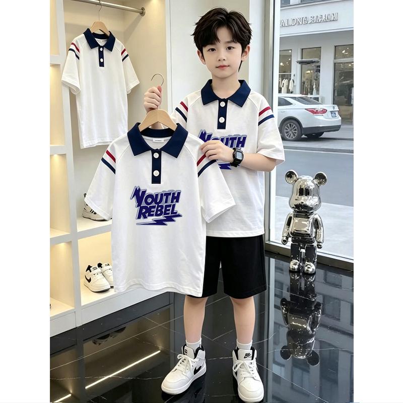 Boys' Casual Summer Color Block Polo Shirt Set - Short Sleeve, Pure Cotton, Trendy Street Style for Medium and Large Children
