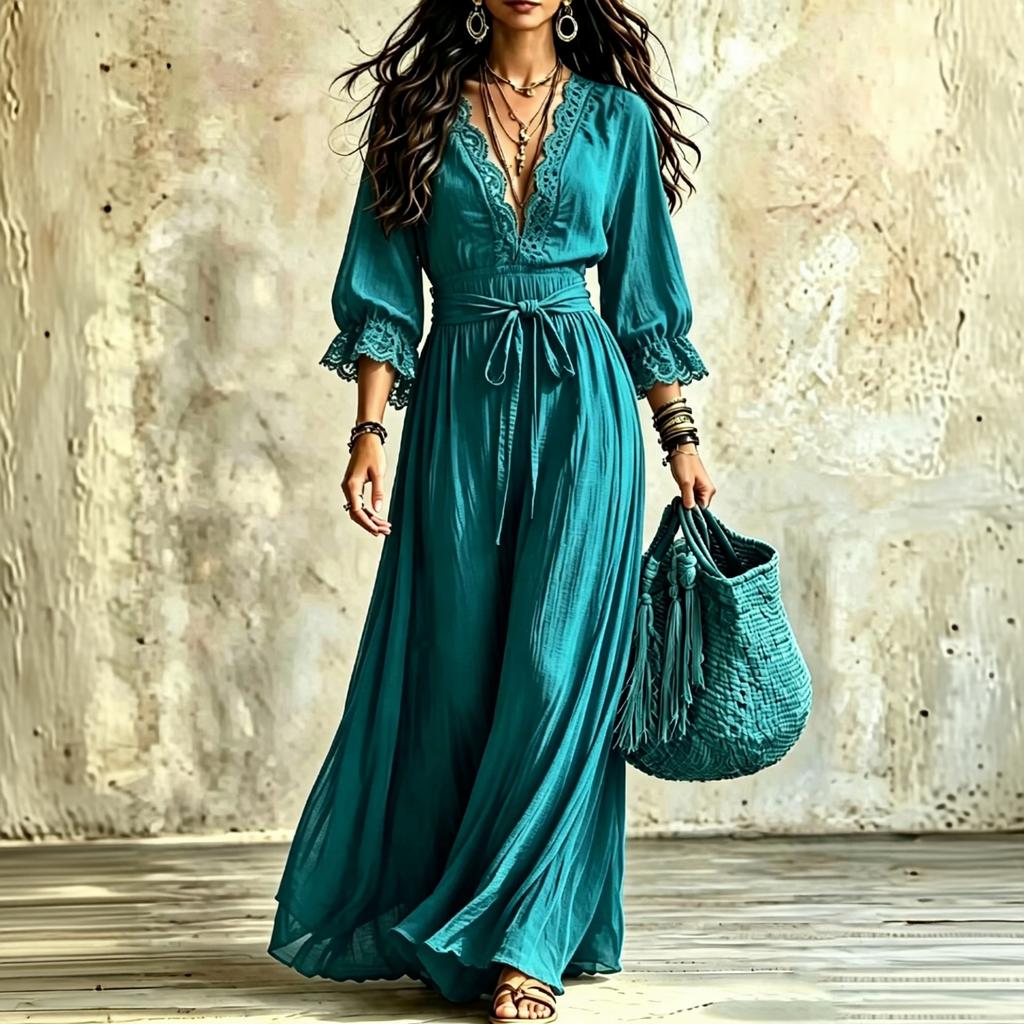 Women's Lace V-Neck Tie Waist Dress with 3/4 Bell Sleeves for Casual and Elegant Vacation