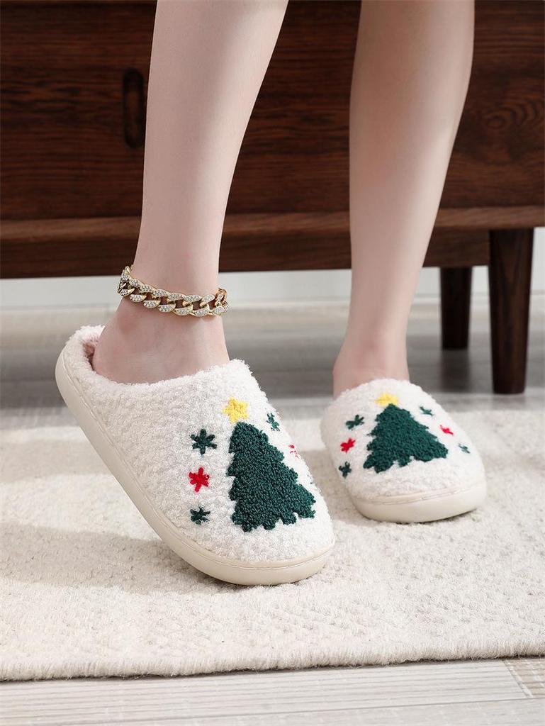 Cute Cartoon Smiley Face Christmas Hat & Tree Strawberry Cotton Slippers, Cozy & Warm Couple Style.