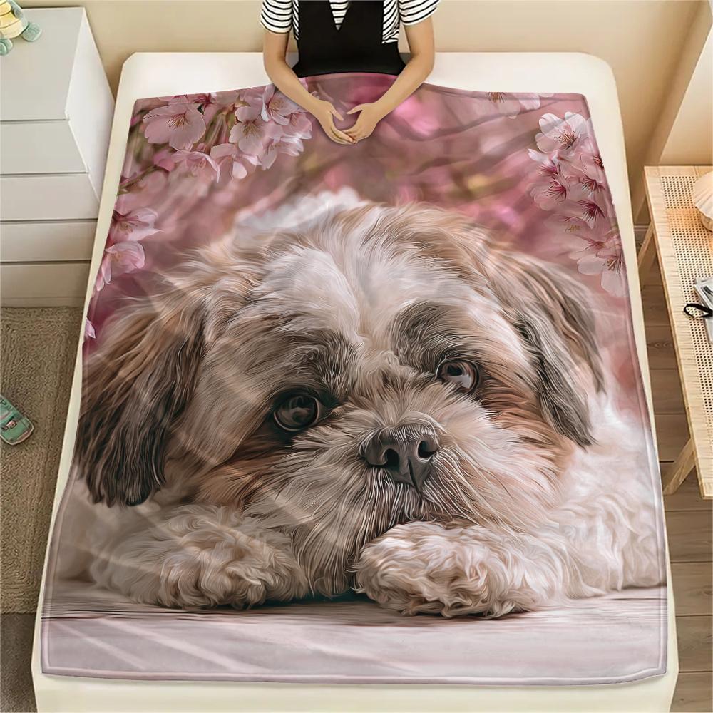 Cute Shih Tzu pattern Flannel Blanket, High quality Comfortable for All Seasons, Home Decor, Warmth and Comfort, Perfect for Gifts.