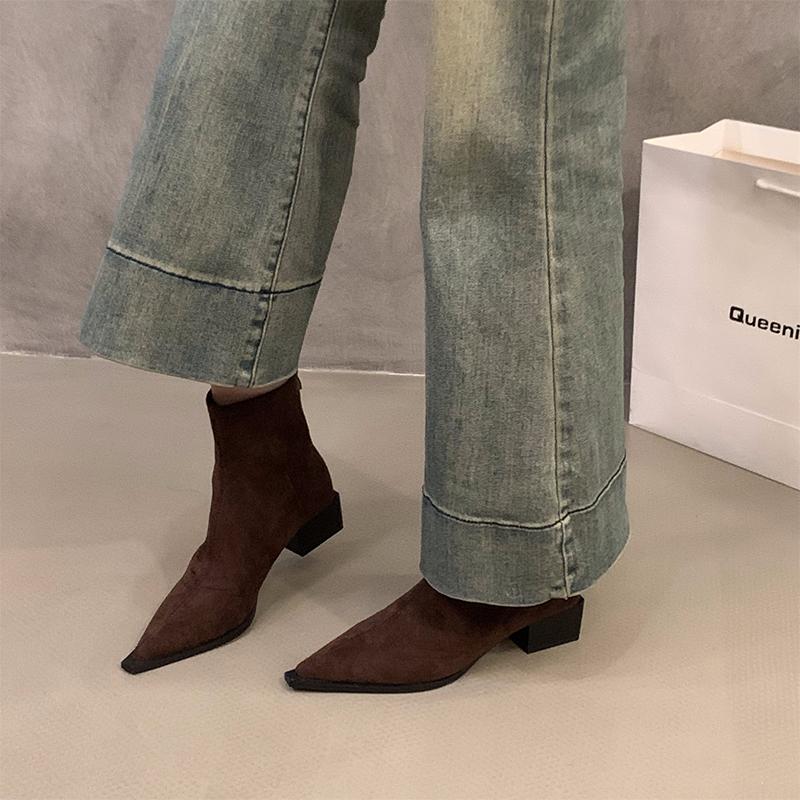 Mode Ontwerper Luipaard Dames Enkellaarsjes Mode Puntige Neus Korte Laarsjes Dames Beknopte Vierkante Hakken Schoenen