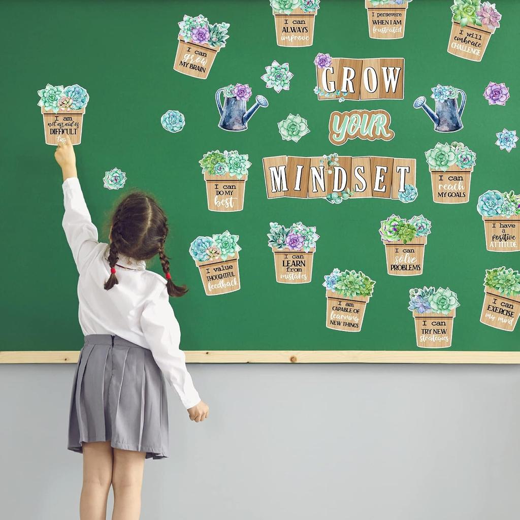 57 Pieces Rustic Bloom Succulents Cutouts Grow Your Mindset Bulletin Board Set Positive Motivational Succulents Potted Cutouts for Classroom School
