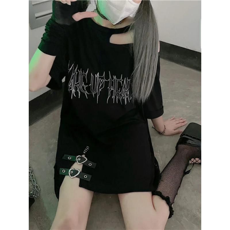 Y2k Girl Letter Print Off Shoulder Punk T-shirts Women Casual Street Black Gothic T Shirt Harajuku Streetwear Aesthetic