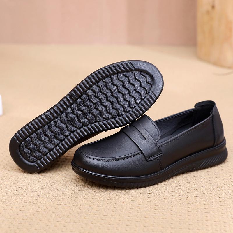 Chaussures de travail antidérapantes en cuir véritable pour maman - Noir, Semelle plate, Douces et confortables pour rester debout toute la journée