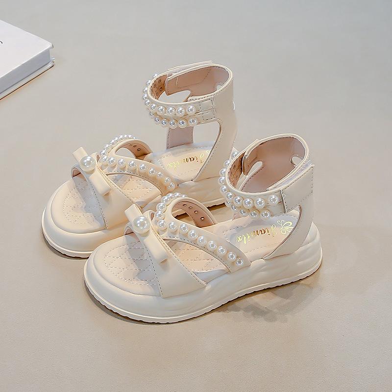 Girls Sandals High Top Hook&loop Kids Princess Shoes Sweet Bows Beading 2025 Summer New Children Beach Shoes Open Toes Soft Sole
