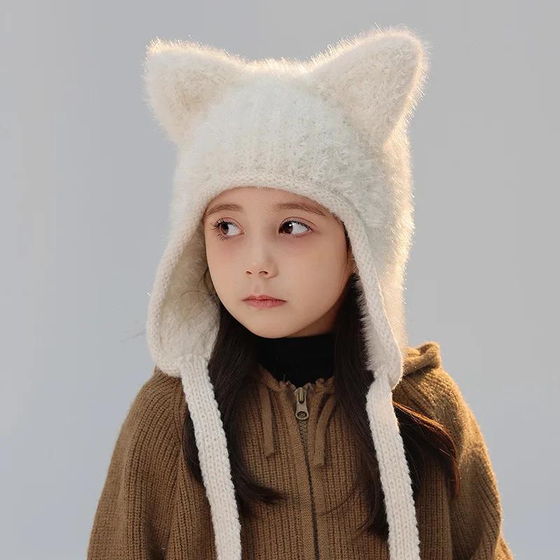 New Winter Kids Knitted Hat for Girls Boys Cartoon Warm Cat Ears Children Beanie Cap Plush Warm Child Bonnet Hats Bonnets