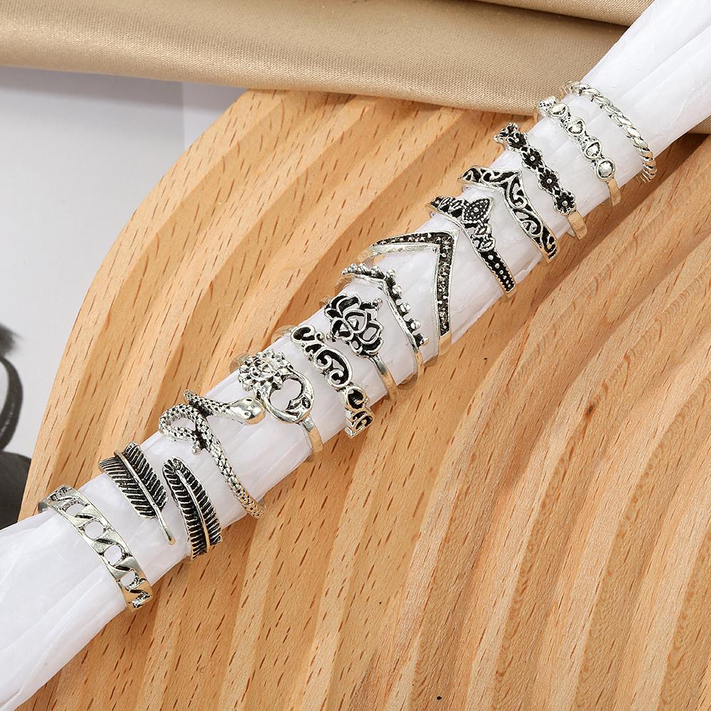 14PC Bague Creusée à la Main Sculpture Plume Bijoux Ouverture Ajustable Ensemble de Bagues