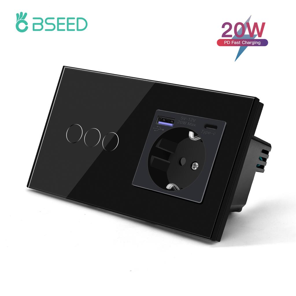 BSEED 1/2/3Gang Wall Touch Switch 1Way GLass Sensor Switches Plus EU Wall Socket Type-C USB 20W Power Outlets Fast Charging 2.1A