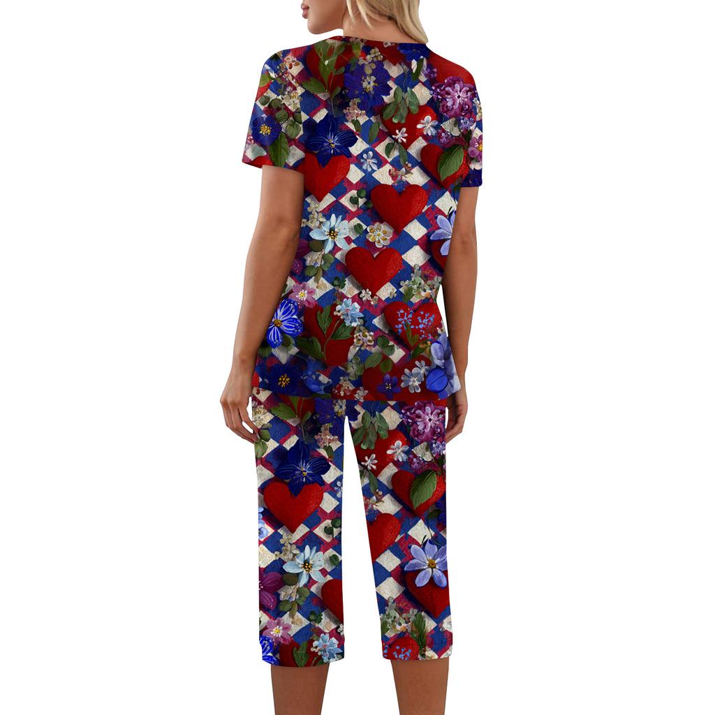 2 Piece Sets For Women Short Sleeve Top And Pants With Pockets Workout Soft Print Sets