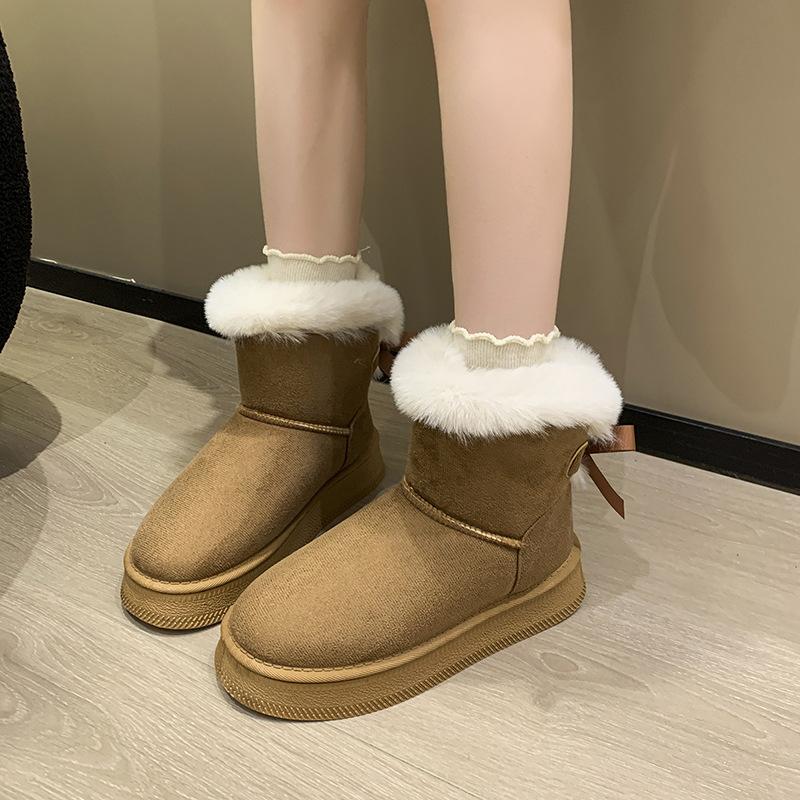 2025 New Bow Decoration Casual Women's Snow Boots Thick Sole Plus Size Warm Cotton Shoes