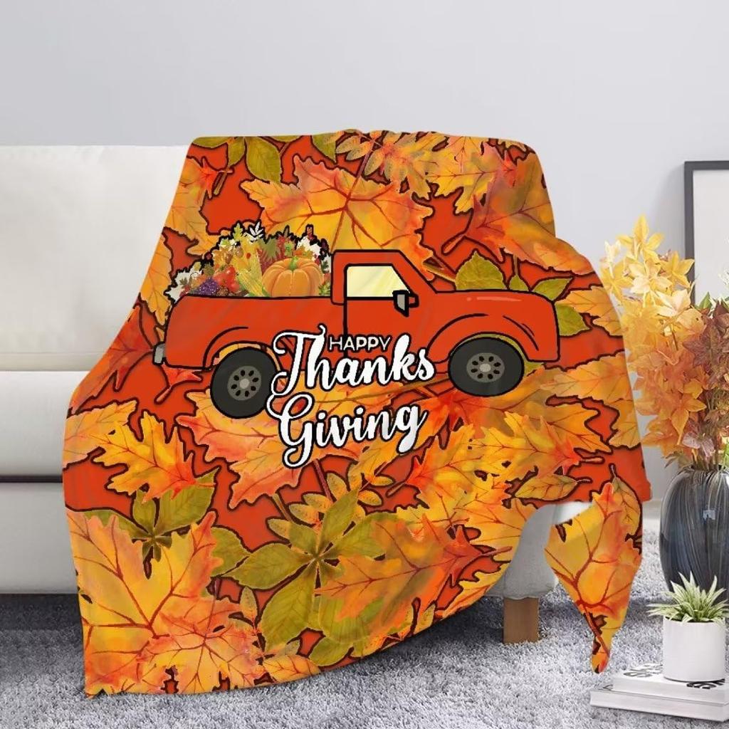 Harvest Autumn Throw Blanket Pumpkin Farmhouse Fallen Leaves Blanket Cozy Soft Lightweight Flannel Plush Blankets for Bed Couch