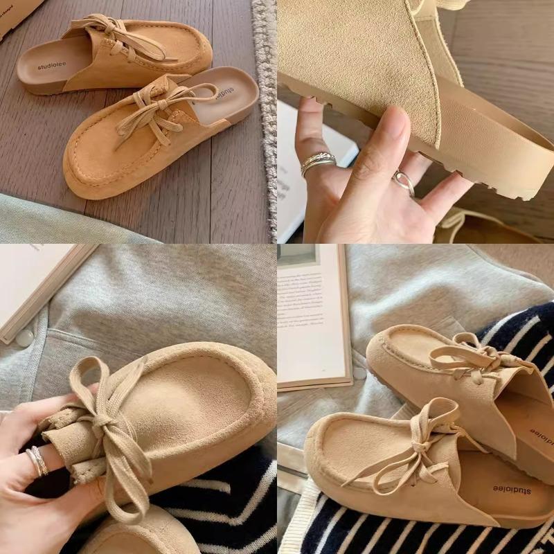 Cowhide Version Lazy Tone Retro Bag Head Lace-up Cow Anti-velvet One Foot and Half Slippers