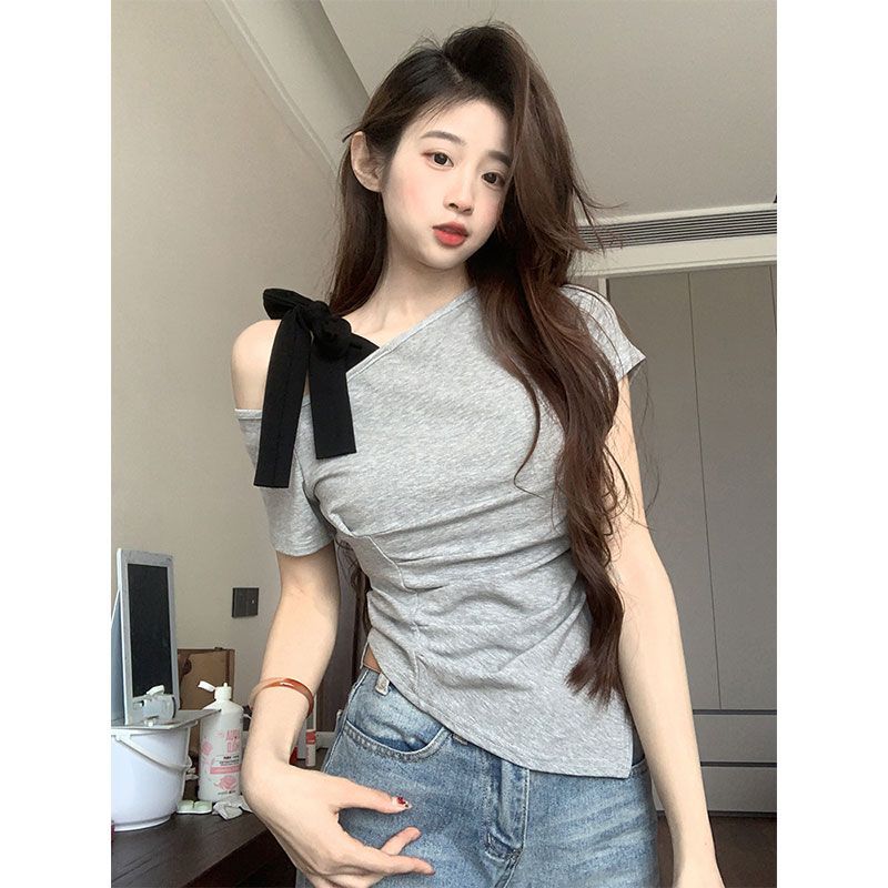 Bow Strap Grey Slant Neck Short Sleeve T-Shirt Women's Summer Design Folds Irregular Spice Girl Off-Shoulder Top
