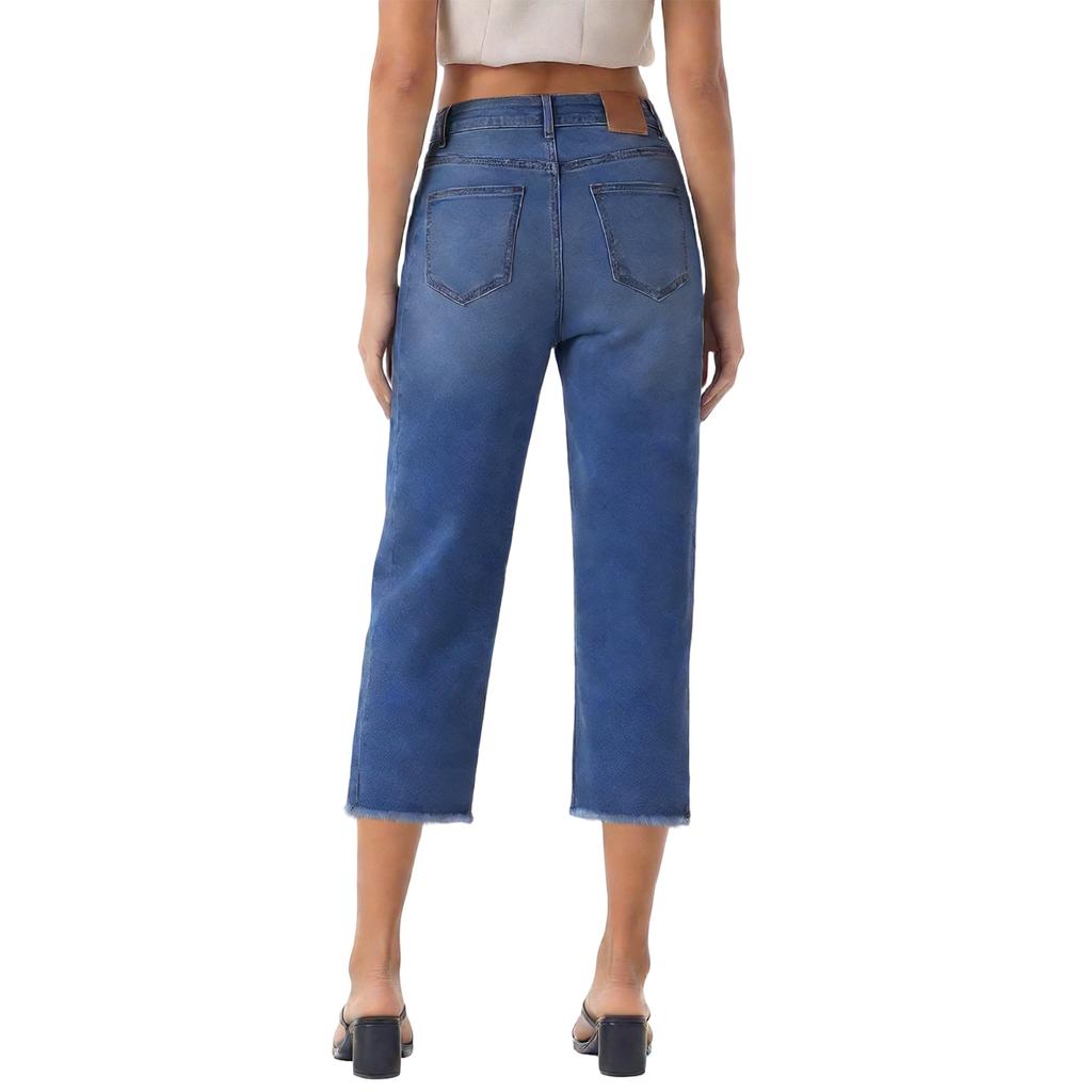 Pantalon Court Mode Taille Haute Classique Polyvalent en Denim pour Femmes