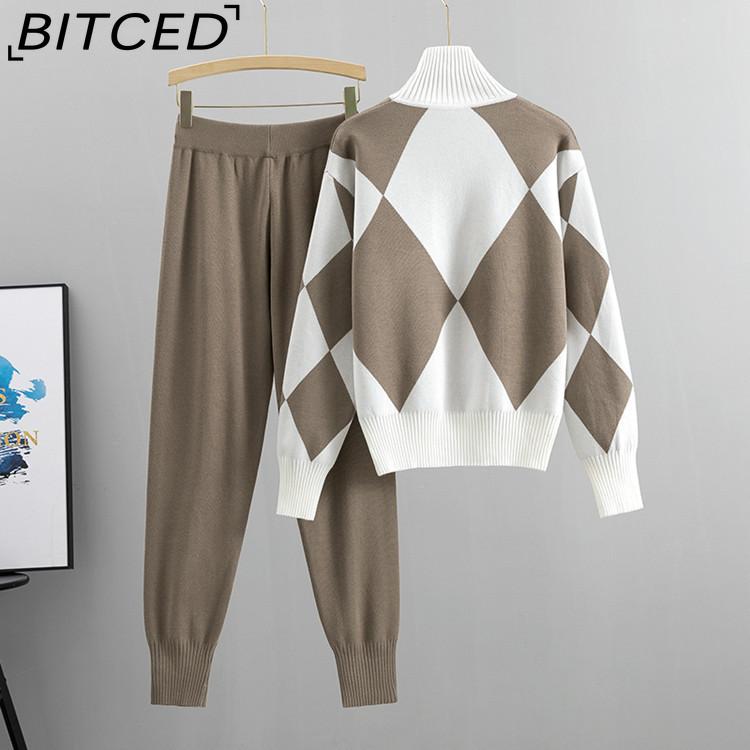 BITCED Módní set Dámský jarní a podzimní ležérní pletený kostkovaný svetr Dvoudílný set